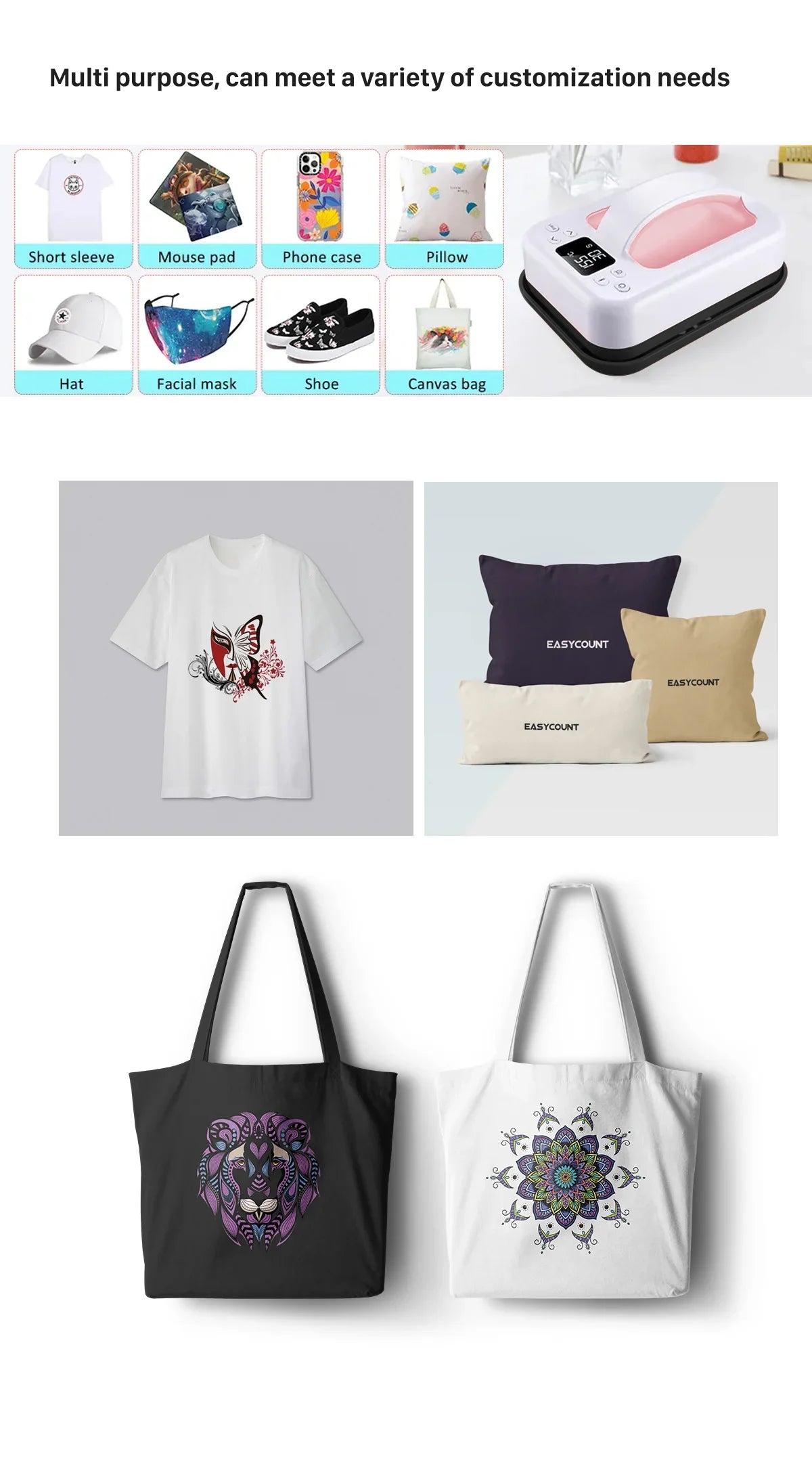 Mini heat press 7x5in with sample HTV transfers: tee, phone case, pillow, hat, mask, tote 9 items on Tampa Home & Garden Store