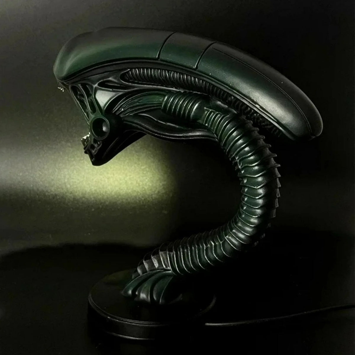Alien resin figurine lamp stand by Perfecsy, green-black with ribbed neck for bedroom decor on Tampa Home & Garden Store