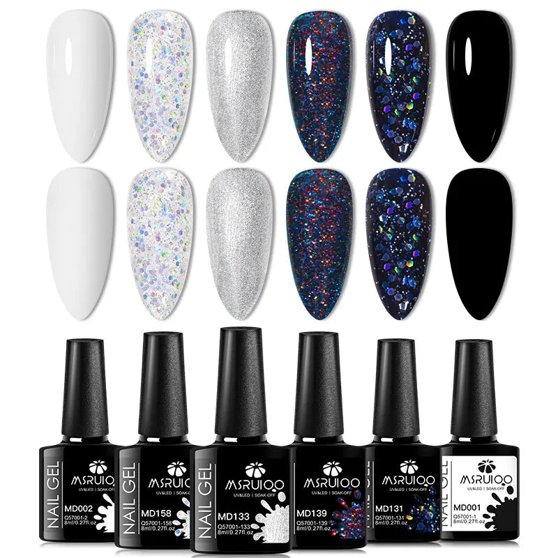 6pc Silcy Skin nail gel polish set; UV gels in white, silver, blue glitter, navy glitter, black on Tampa Home & Garden Store