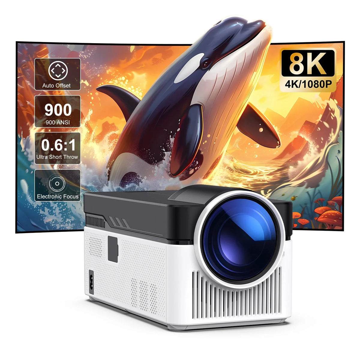 Projector short throw 1080P UpTrend Deals, white body, blue lens, Android WiFi Bluetooth on Tampa Home & Garden Store