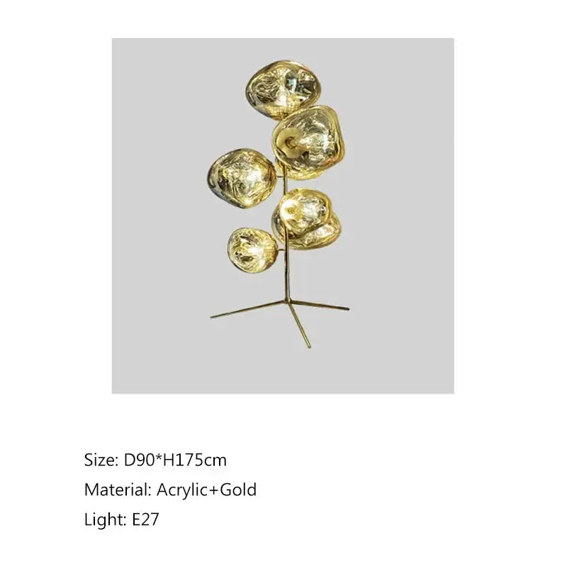 DecorBites LED lava floor lamp with gold acrylic globes on a slim gold tripod base, lighting on Tampa Home & Garden Store