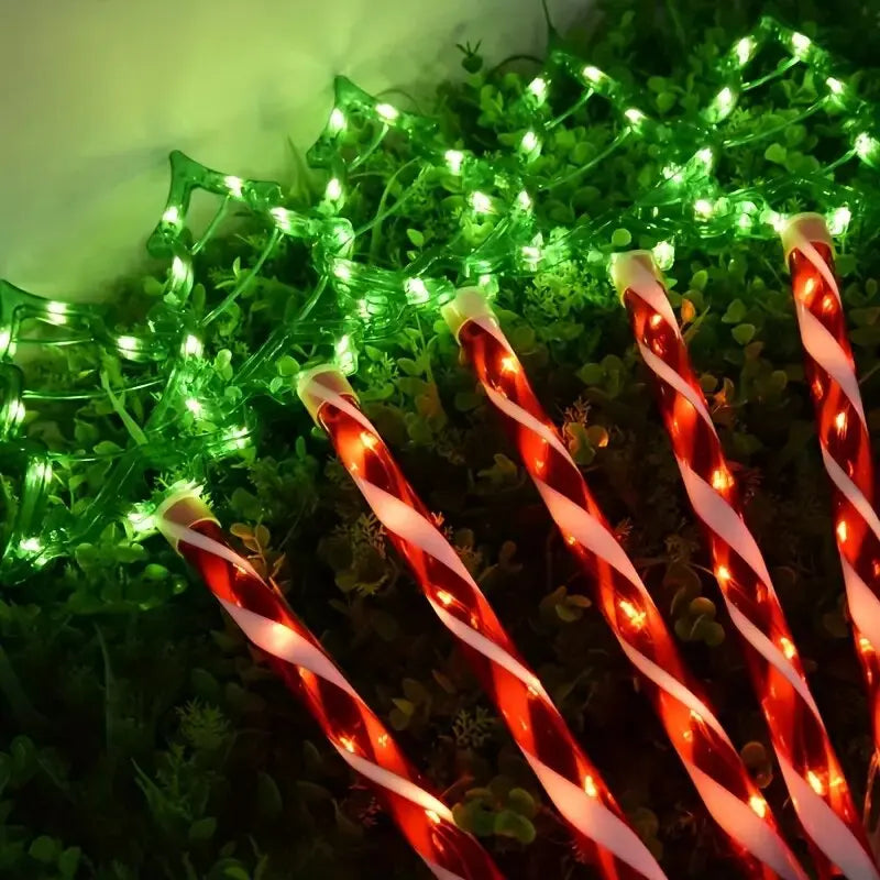Perfecsy 5pc solar candy cane garden stake lights red/white striped canes with green LEDs decor on Tampa Home & Garden Store