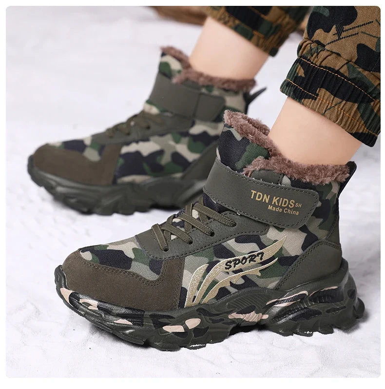 Kids Winter Snow Boots camouflage with plush fur lining, Velcro strap, warm anti-slip sole on Tampa Home & Garden Store