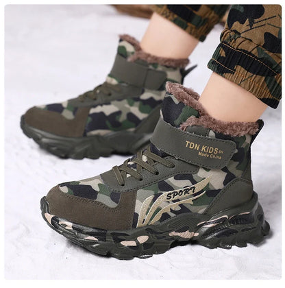 Kids Winter Snow Boots camouflage with plush fur lining, Velcro strap, warm anti-slip sole on Tampa Home & Garden Store