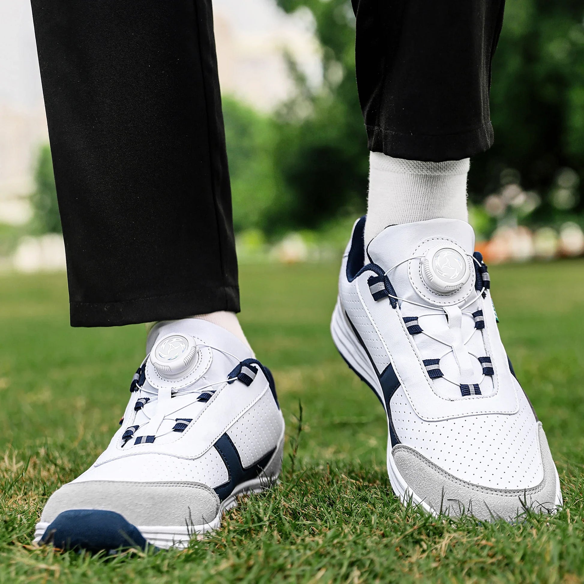 Golf shoes EstaliosFit unisex anti-slip outdoor footwear in white with navy accents on Tampa Home & Garden Store
