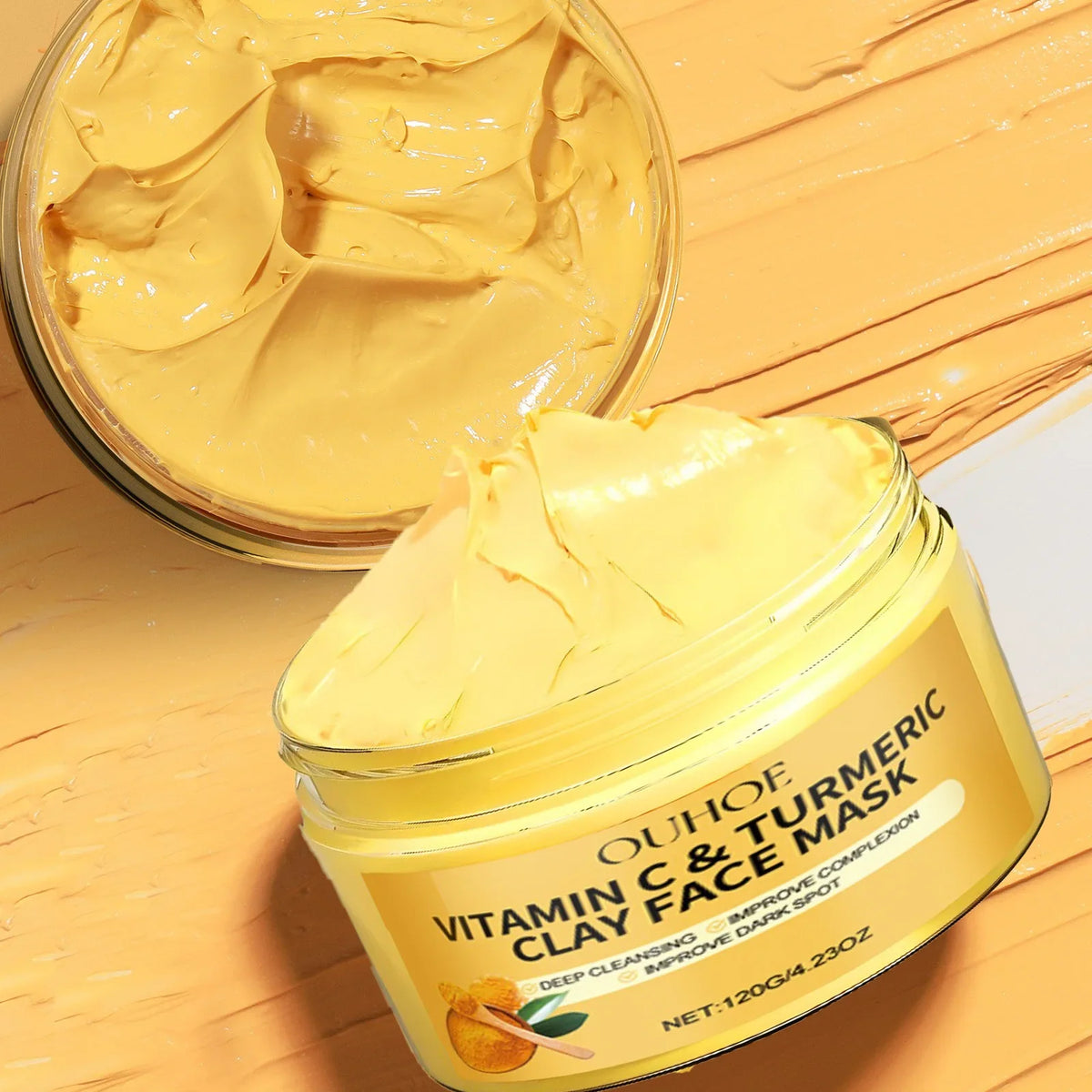 Vitamin C & Turmeric Clay Mask by Silcy Skin, creamy yellow mask in open jar on wood surface on Tampa Home & Garden Store