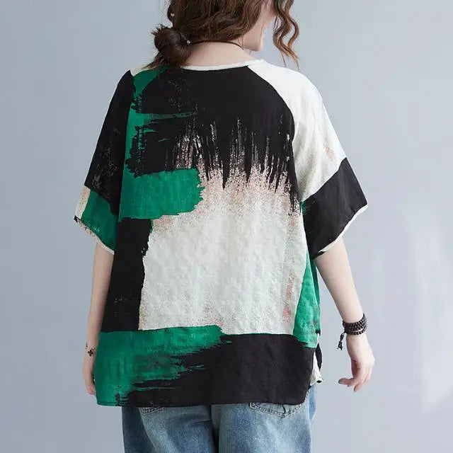 Women Summer T-shirt UpTrend Deals – cotton-linen loose top with green black white print on Tampa Home & Garden Store