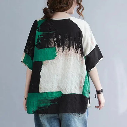 Women Summer T-shirt UpTrend Deals – cotton-linen loose top with green black white print on Tampa Home & Garden Store