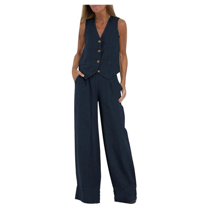Women sleeveless navy vest with V-neck and gold buttons paired with wide-leg navy pants on Tampa Home & Garden Store