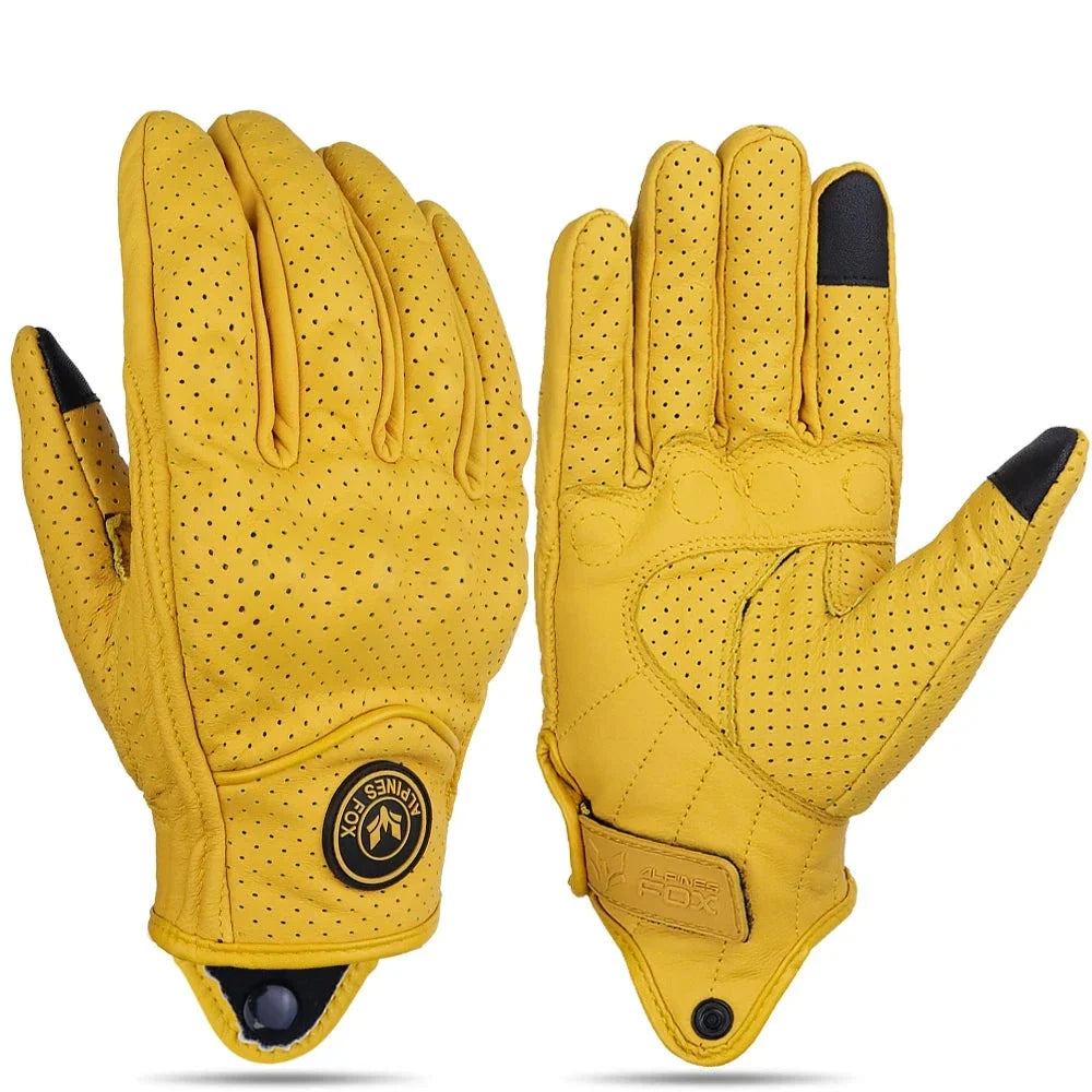 Yellow perforated real leather motorcycle gloves with touchscreen fingertips and BikerZoneZ logo on Tampa Home & Garden Store