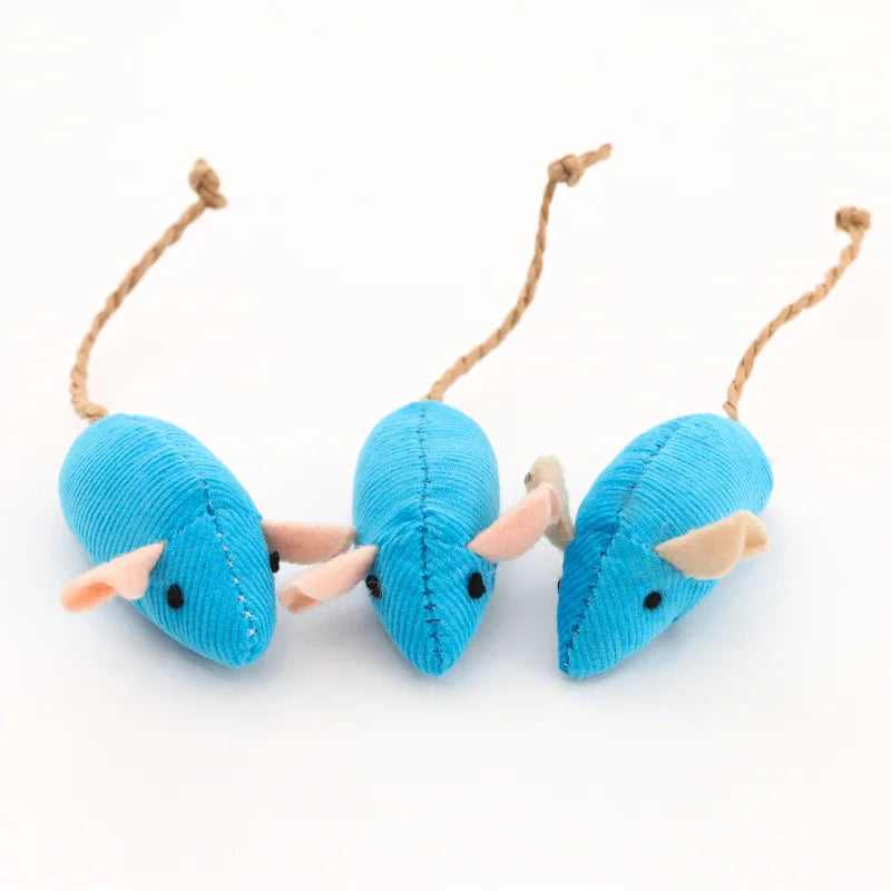 Three blue plush rattle mouse cat toys with pink ears and cord tails by FLIPSTYLEZLLC on Tampa Home & Garden Store