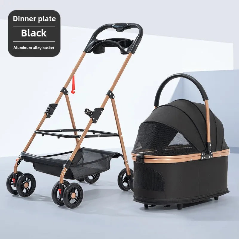 Pet Zen 3 in 1 folding pet stroller with detachable carrier, black canopy, tan aluminum frame on Tampa Home & Garden Store
