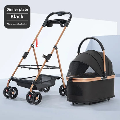 Pet Zen 3 in 1 folding pet stroller with detachable carrier, black canopy, tan aluminum frame on Tampa Home & Garden Store