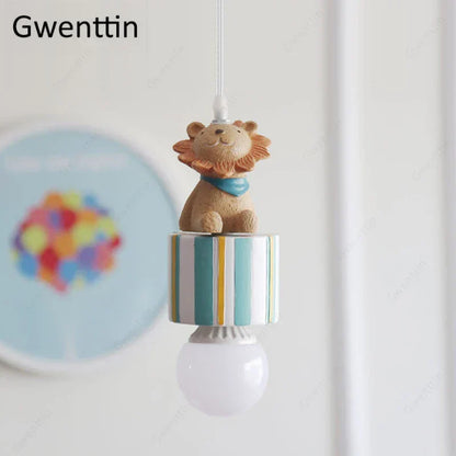 DecorBites Kids Animal Pendant Lamp with lion figurine atop turquoise shade and white bulb on Tampa Home & Garden Store