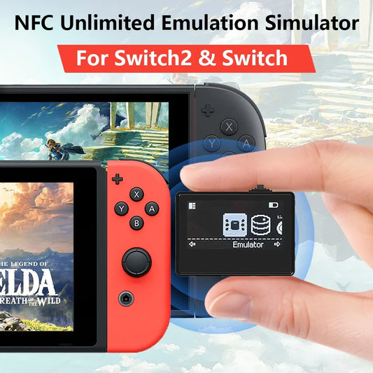 FLIPSTYLEZLLC Amiibo emulator module Switch2 Bluetooth writer beside red/blue Nintendo Switch on Tampa Home & Garden Store