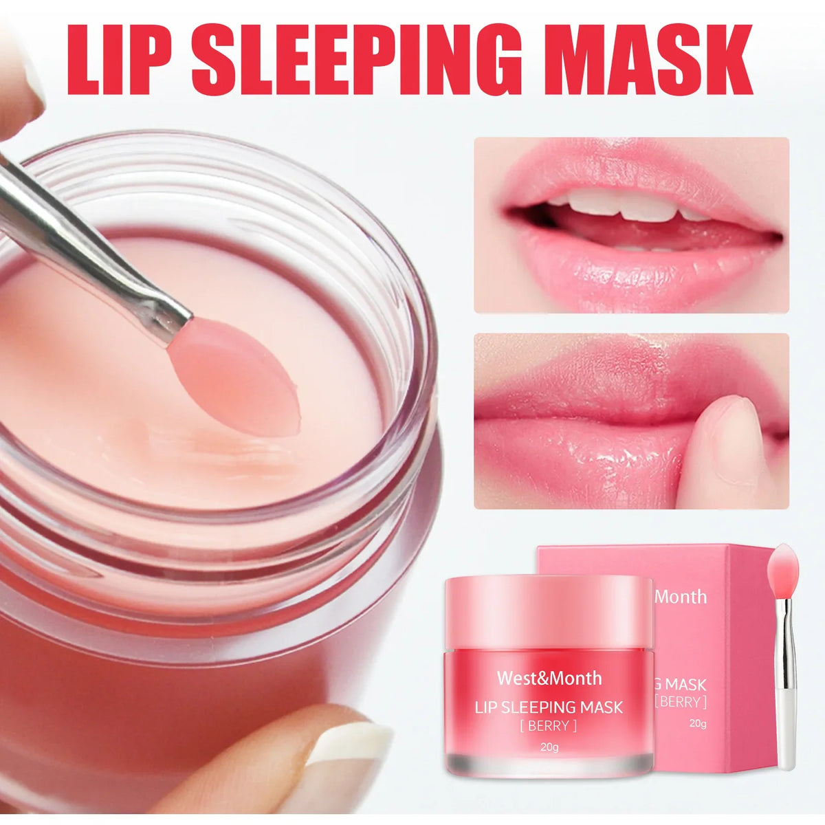 Berry Lip Sleeping Mask Silcy Skin pink cream in jar with applicator lip closeups packaging on Tampa Home & Garden Store
