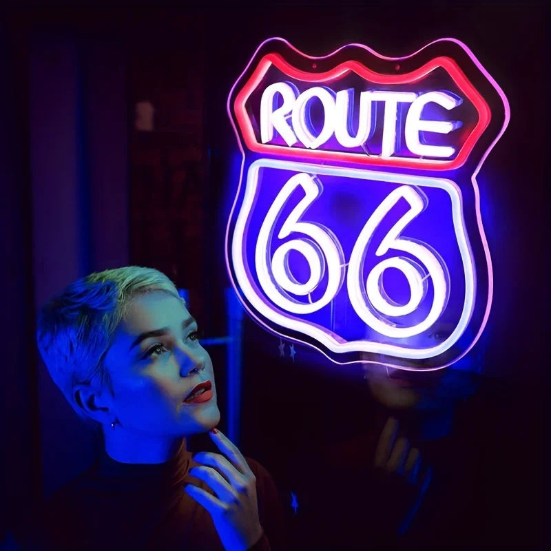 Historic Route 66 neon sign by BikerZoneZ with pink red outline and blue glow for man cave on Tampa Home & Garden Store