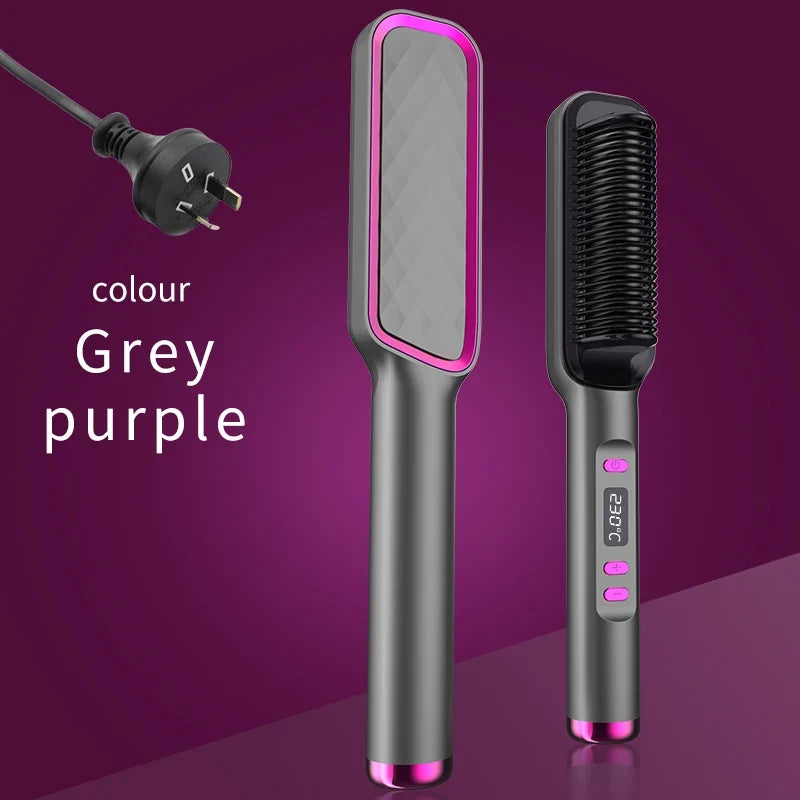 Silcy Skin two-piece electric hot comb and straightening brush set, grey purple with pink accents on Tampa Home & Garden Store