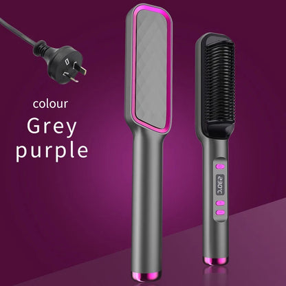Silcy Skin two-piece electric hot comb and straightening brush set, grey purple with pink accents on Tampa Home & Garden Store