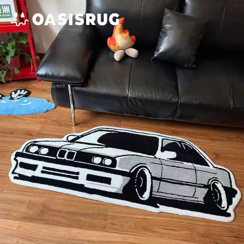 VIKAMA car rug by Perfecsy, black/white sports car design, non-slip living room decor mat on Tampa Home & Garden Store