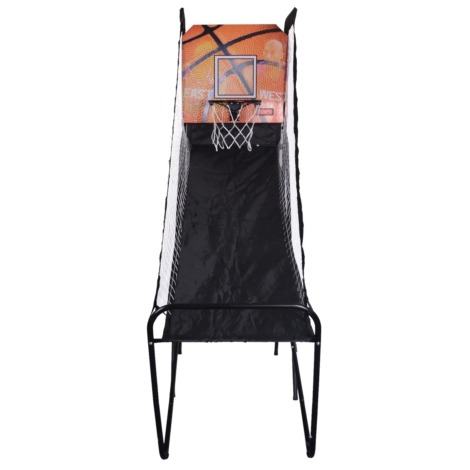 Foldable single-hoop basketball arcade machine with orange backboard and black frame on Tampa Home & Garden Store
