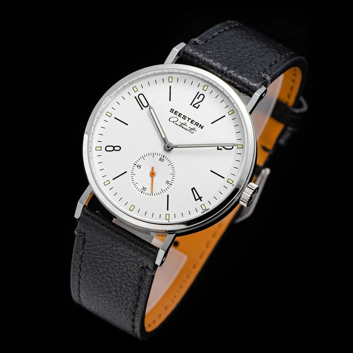 Men's ultrathin automatic watch steel case white dial black leather strap orange hand UpTrend on Tampa Home & Garden Store