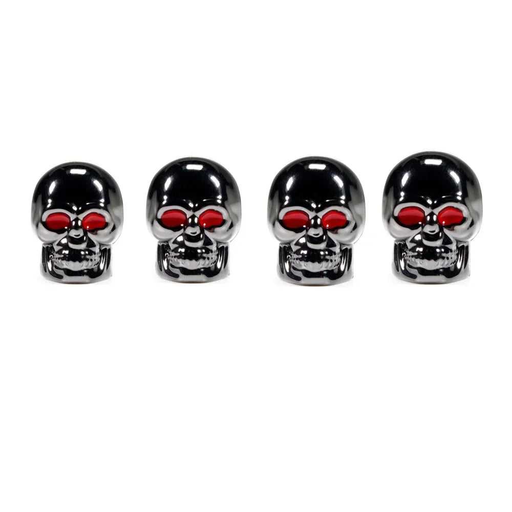 ABS skull valve caps by BikerZoneZ, chrome finish with red eye accents, set of 4 on Tampa Home & Garden Store