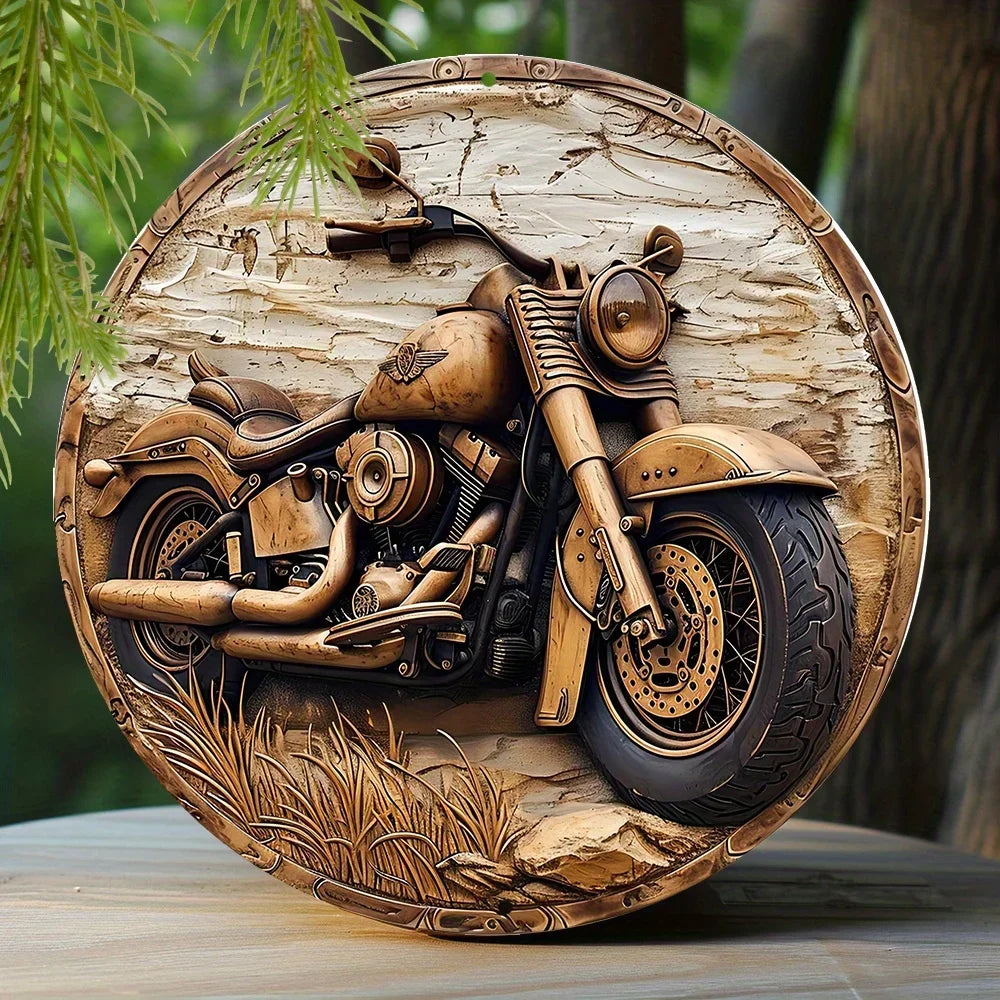 Round carved wooden motorcycle wreath sign in brown tones for entrance decor on Tampa Home & Garden Store
