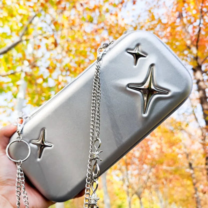 Switch 2 portable carrying case in retro silver EVA hard shell with chain strap on Tampa Home & Garden Store