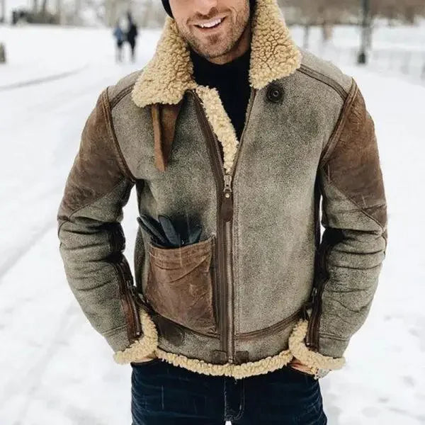 Men's winter biker jacket with stand collar, olive suede with shearling trim, zip front on Tampa Home & Garden Store