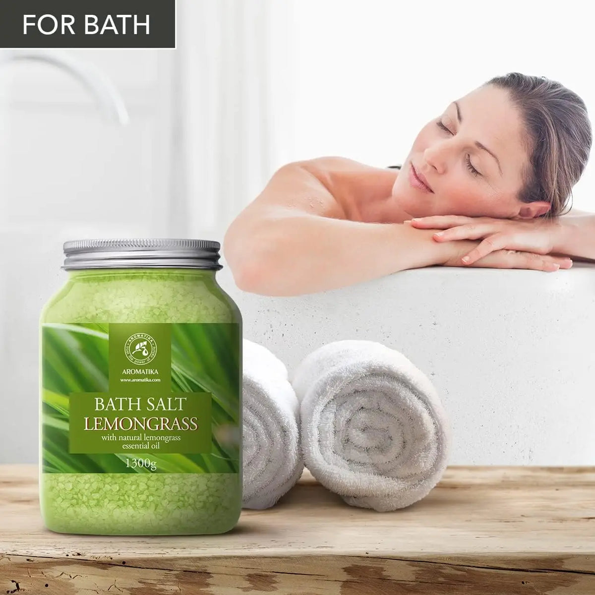 Bath Salt Lemongrass jar, 1300g, green bottle with Aromatika label; towels and spa scene on Tampa Home & Garden Store