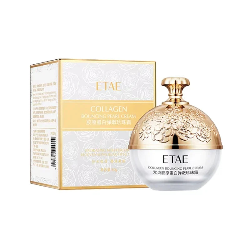 ETAE collagen pearl cream jar with gold floral cap beside white-gold box, 2-piece set on Tampa Home & Garden Store