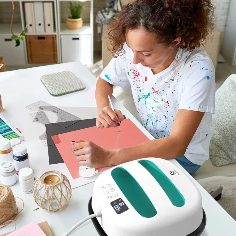 HP2 Heat Press Machine 9x9 sublimation HTV press, white with teal accents, UpTrend Deals on Tampa Home & Garden Store