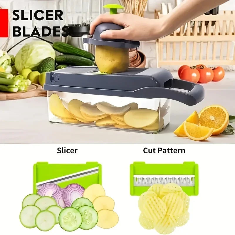 Perfecsy 14/16-in multifunctional vegetable chopper with gray body and green slicer blades on Tampa Home & Garden Store