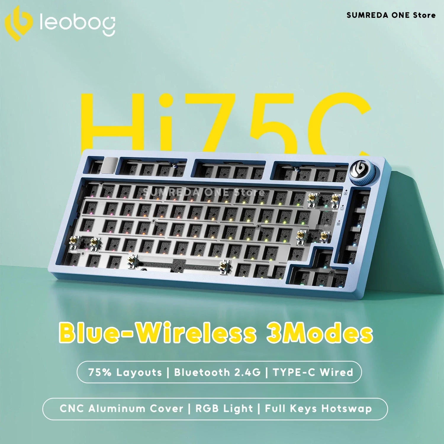 Hi75C wireless mechanical keyboard kit in blue with CNC case, hot-swappable 75% layout RGB dial on Tampa Home & Garden Store