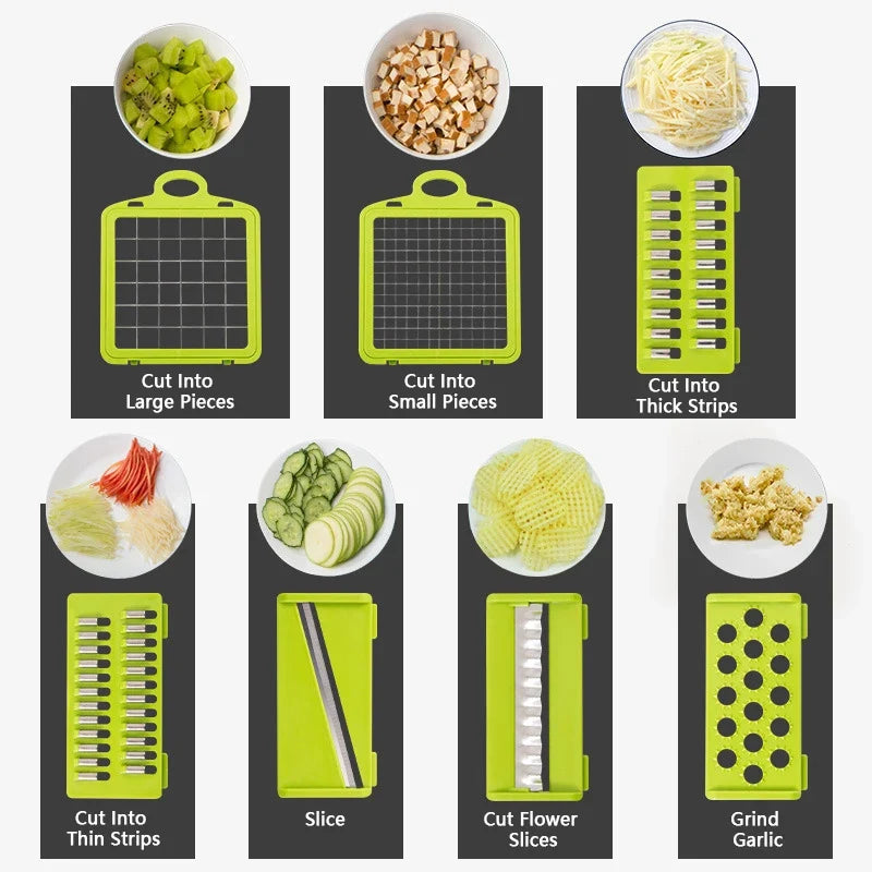 Perfecsy 14/16-in-1 multifunctional vegetable chopper with lime-green handle and blades on Tampa Home & Garden Store