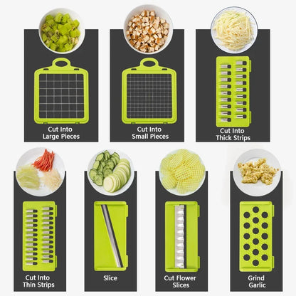 Perfecsy 14/16-in-1 multifunctional vegetable chopper with lime-green handle and blades on Tampa Home & Garden Store