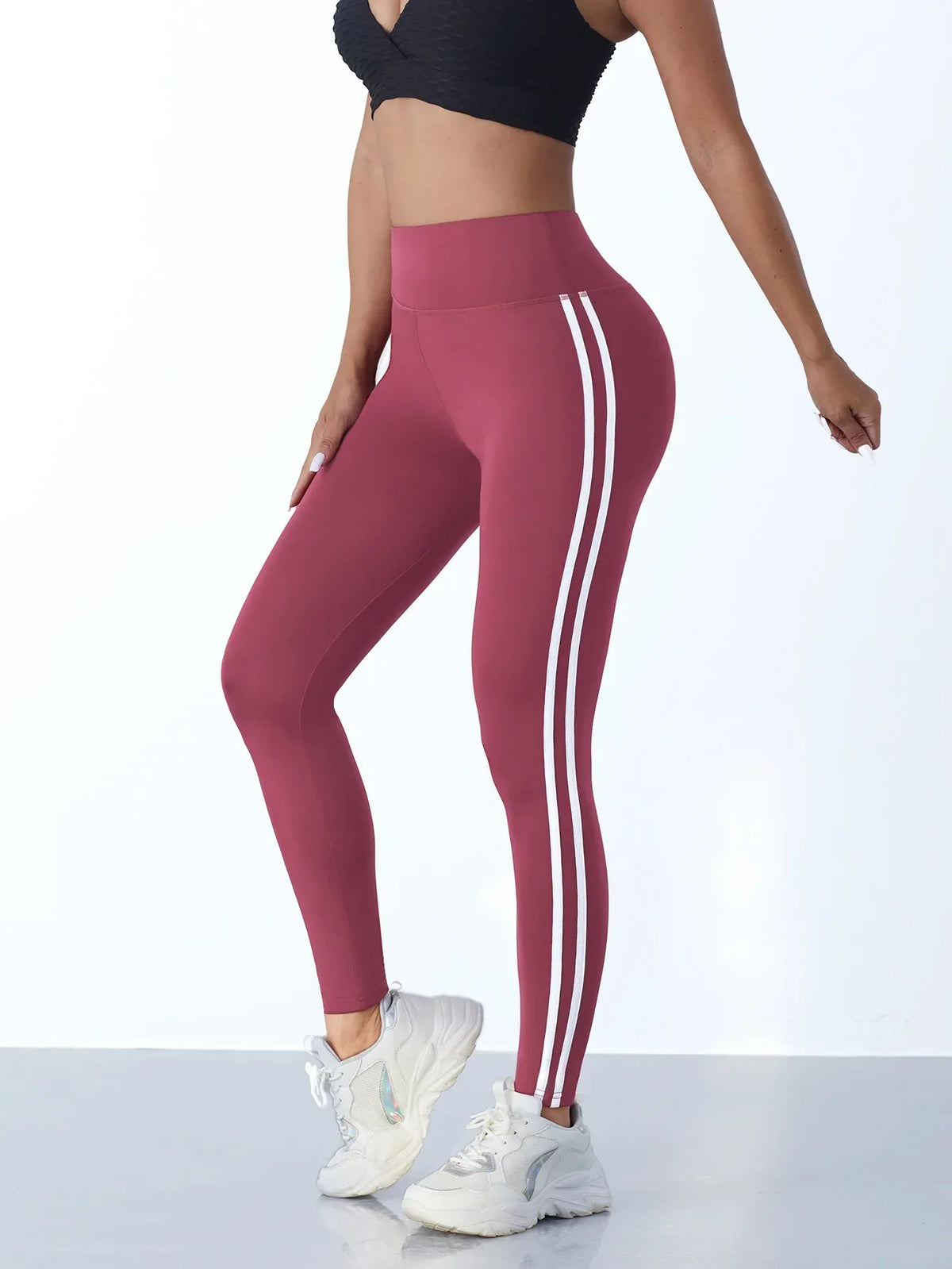 Women's high-waisted mauve yoga leggings with white side stripes, slim fit, UpTrend Deals on Tampa Home & Garden Store