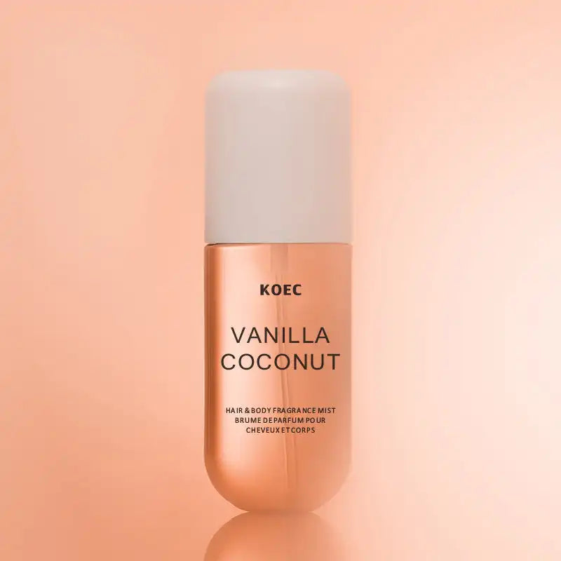 KOEC Vanilla Coconut fragrance mist bottle, rose-gold body with white cap, Silcy Skin on Tampa Home & Garden Store