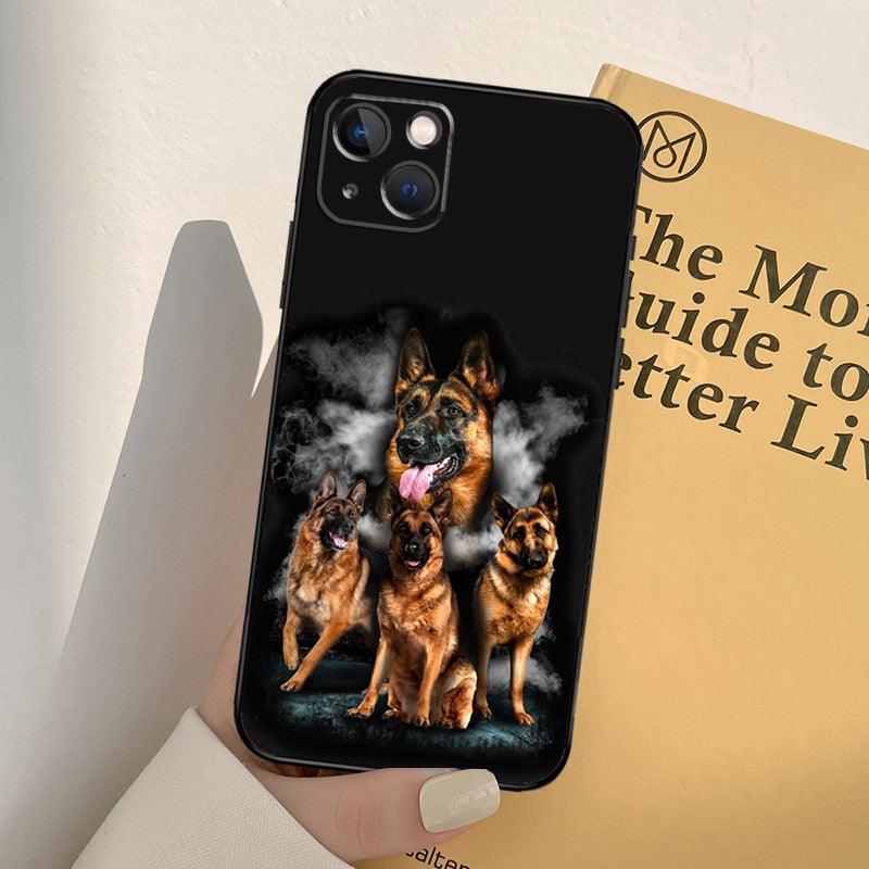 Cartoon German Shepherd iPhone case with four dogs and smoky backdrop on black back on Tampa Home & Garden Store
