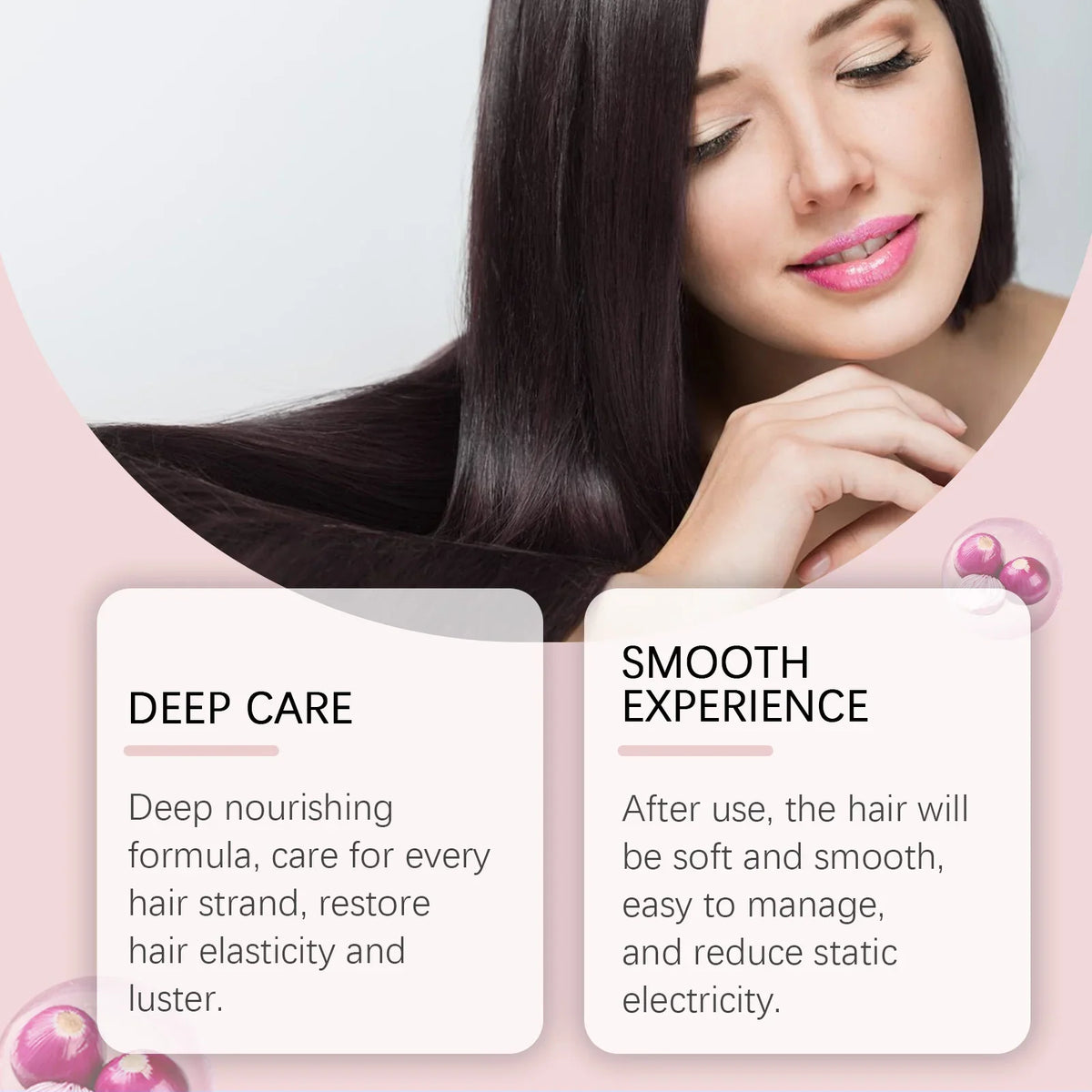 Onion Rosemary Shampoo Silcy Skin model with long dark hair against a pink curved backdrop on Tampa Home & Garden Store