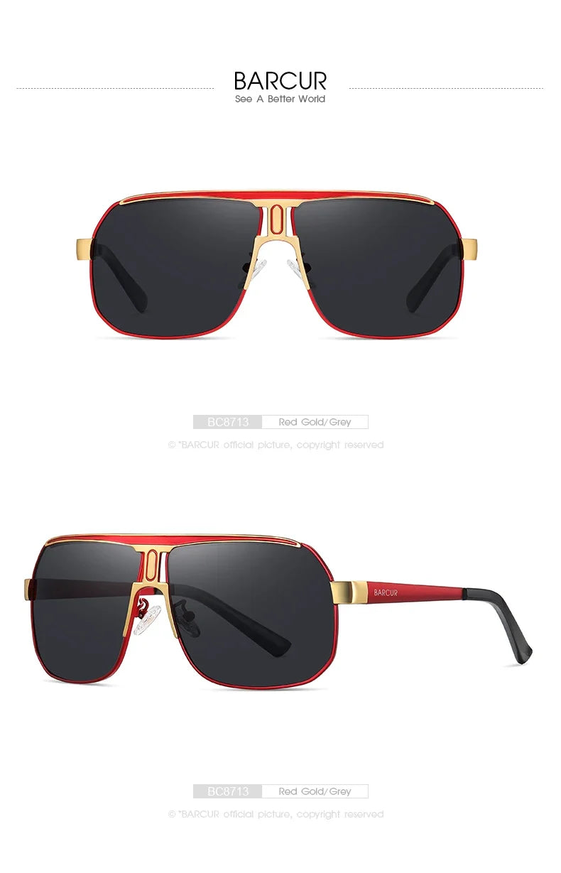 BARCUR Sunglasses for men red gold frame with gold accents grey gradient polarized UV400 on Tampa Home & Garden Store