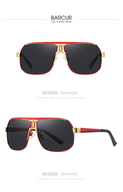 BARCUR Sunglasses for men red gold frame with gold accents grey gradient polarized UV400 on Tampa Home & Garden Store