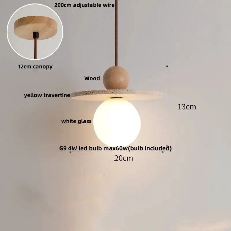 DecorBites LED Pendant Lamp black iron with yellow travertine disc and white glass globe on Tampa Home & Garden Store