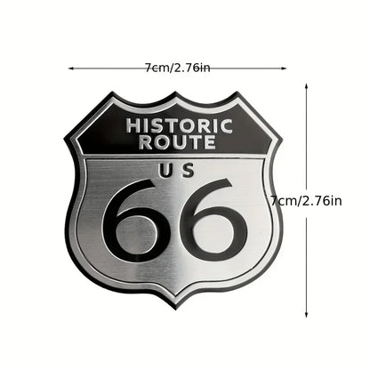 3D aluminum Historic Route 66 shield sticker, brushed silver with black detail, by BikerZoneZ on Tampa Home & Garden Store