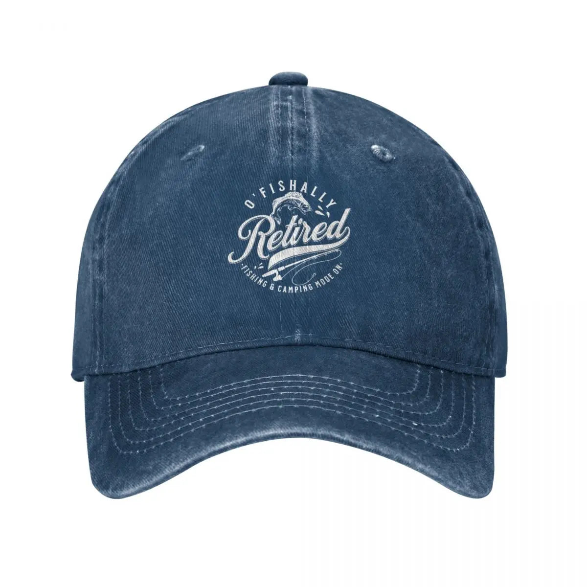Blue denim cap with wash and white Retired logo featuring fishing motif on Tampa Home & Garden Store