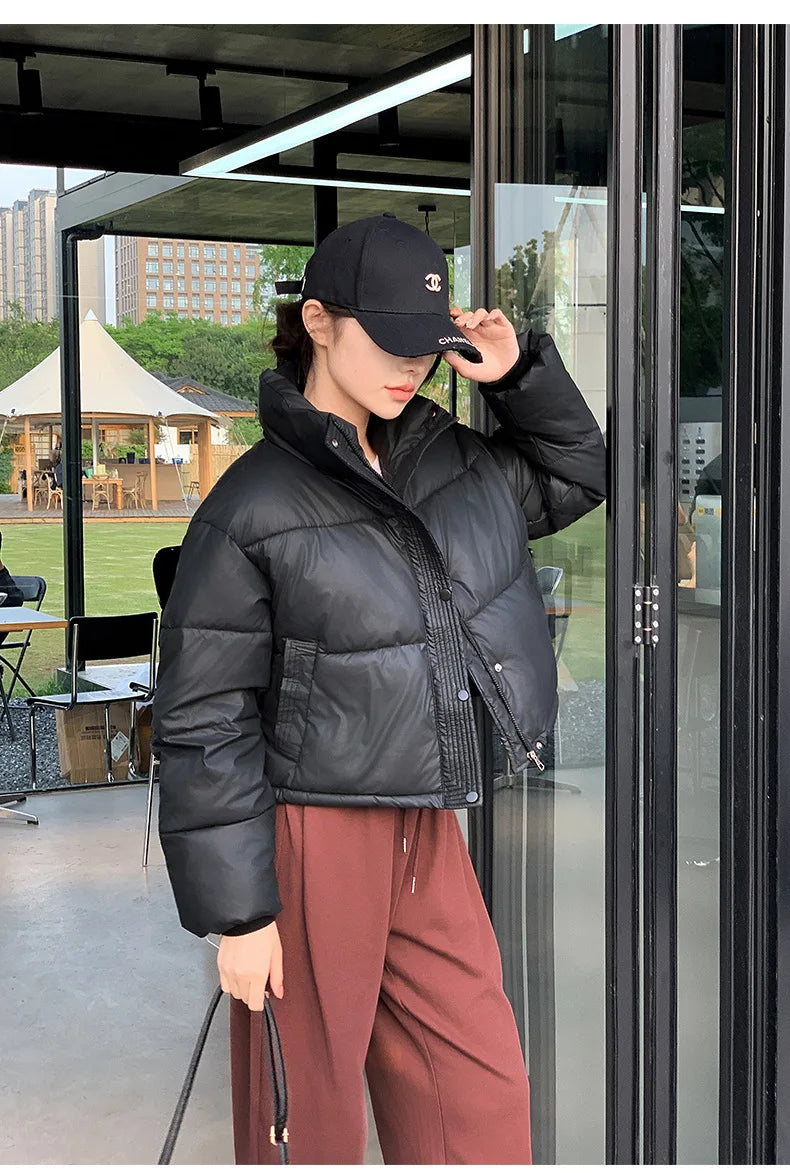 Women winter cropped black warm cotton-padded puffer jacket by UpTrend Deals with zip pockets on Tampa Home & Garden Store
