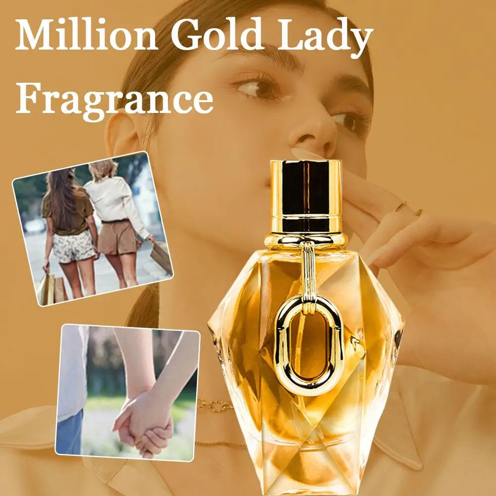 Million Gold Lady fragrance bottle, gold faceted glass with black cap and ring pendant lifestyle on Tampa Home & Garden Store