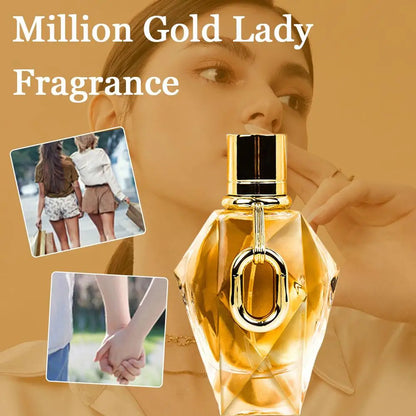 Million Gold Lady fragrance bottle, gold faceted glass with black cap and ring pendant lifestyle on Tampa Home & Garden Store