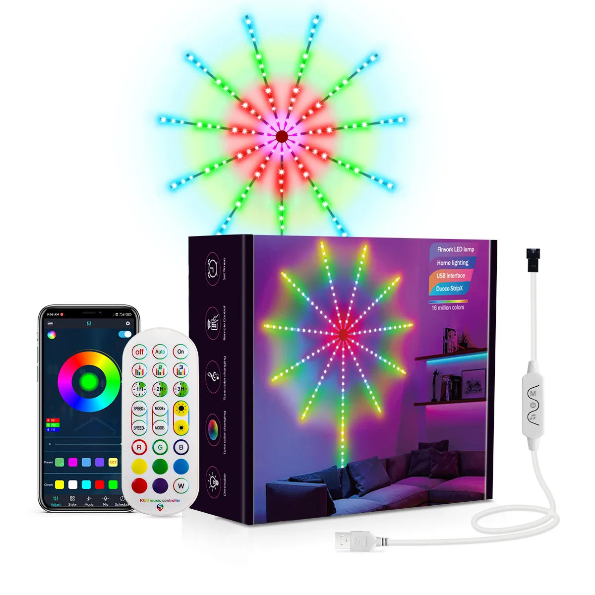 RGB Fireworks LED Strip Light Music Sync Sound Control Dream Meteor Decor Kit